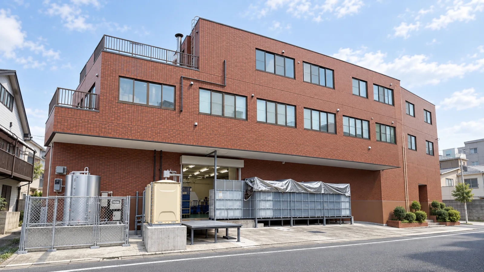 赤茶色のタイルに包まれた足立区鹿浜の自社工場